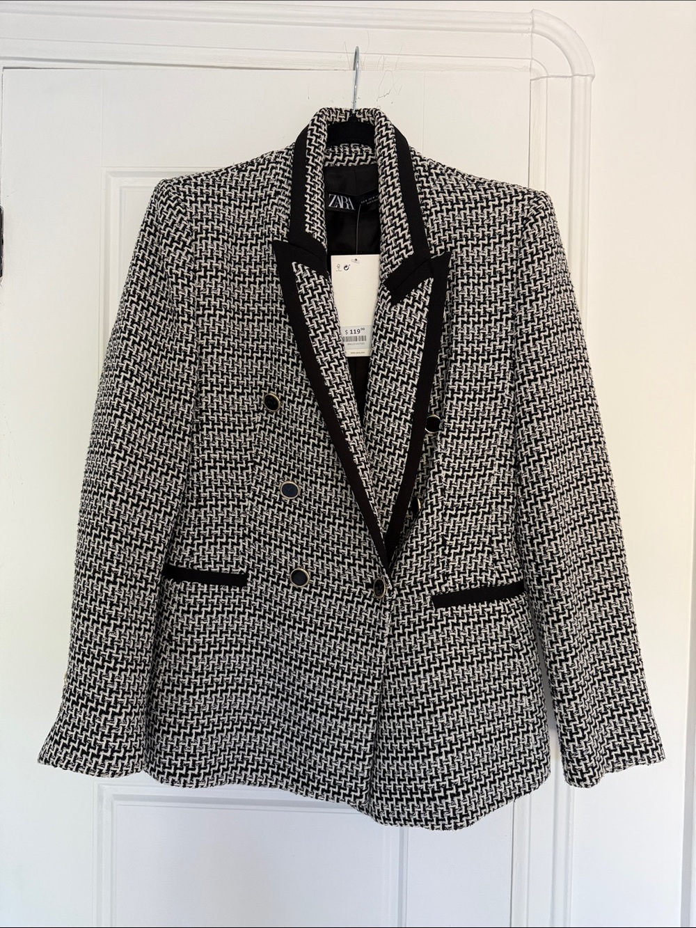 Zara Black and White Textured Double-Breasted Blazer